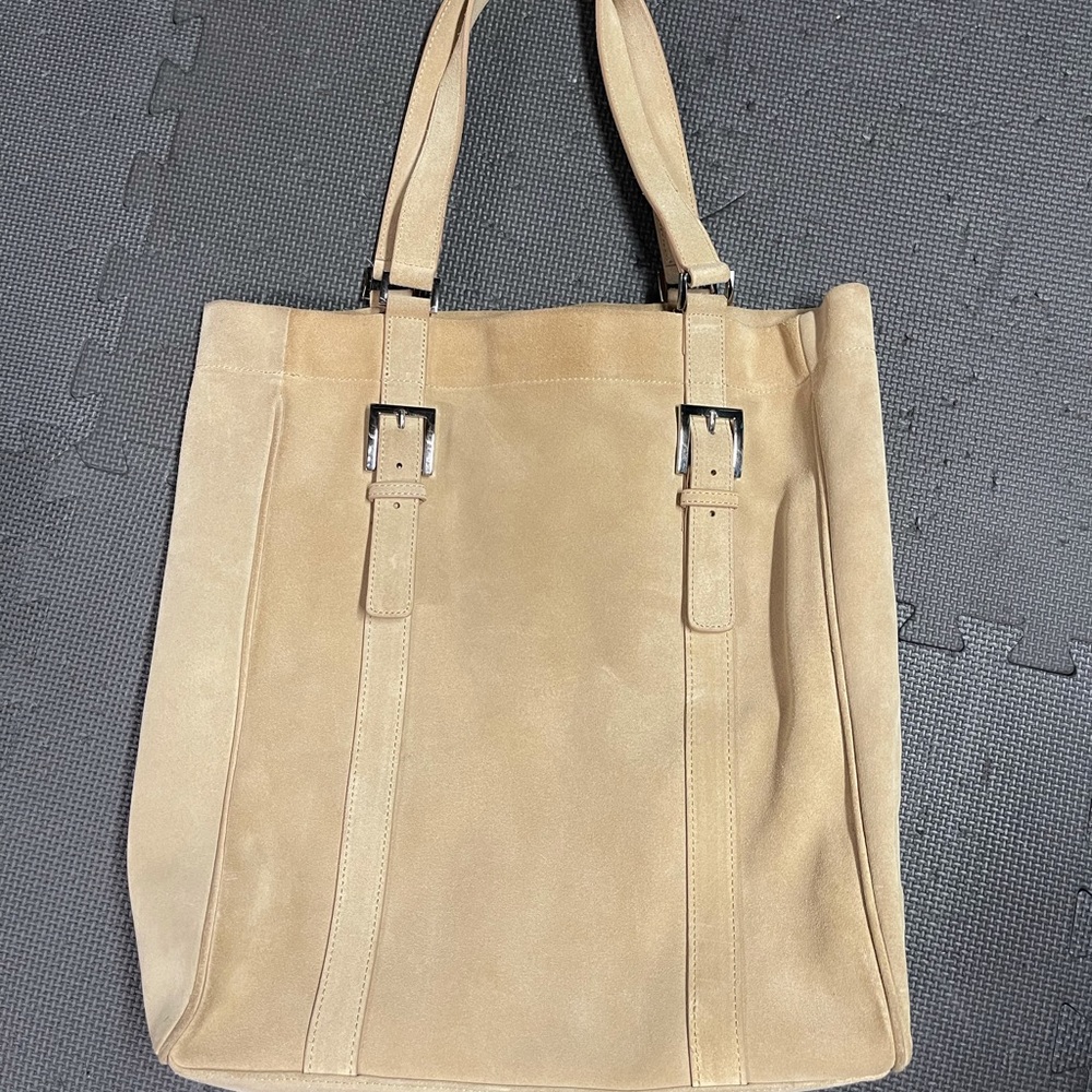 Express Tan Suede Leather Tote with Silver Buckles